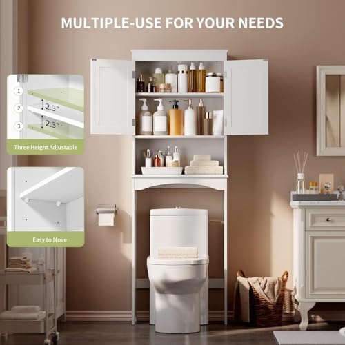 Gizoon Over the Toilet Storage Cabinet with Adjustable Shelf and Double Doors, Bathroom Space Saver Organizer Above Toilet with Open Shelf, Taller Wooden Free Standing Toilet Rack -White - color: White