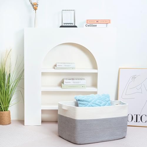 MINTWOOD Design 22in Extra Large Blanket Basket Holder Living Room, Rectangle Rope Woven Storage Basket with Handles for Laundry, Pool Towels, and Shoes, Dog Toy Organizer Bin Box, Gray - color: Gray