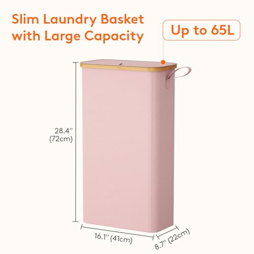 Lifewit 65L Slim Laundry Hamper with Lid, Narrow Laundry Basket with Removable Bag & Bamboo Handles, Fodable Thin Dirty Clothes Hamper for Laundry Collapsible Bin for Bathroom Bedroom Dorm, Pink - color: Pink, size: 65L