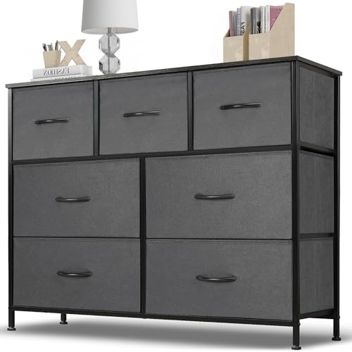 Dresser for Bedroom, 7 Storage Drawers, Anti-Tip Wide Fabric Closet Chests Organizer Tower Furniture, TV Stand for TV up to 45 inch with Wooden Top Metal Frame for Clothes, Living Room - color: Grey, size: 11.8"D x 39.3"W x 30.3"H (7 Drawers)