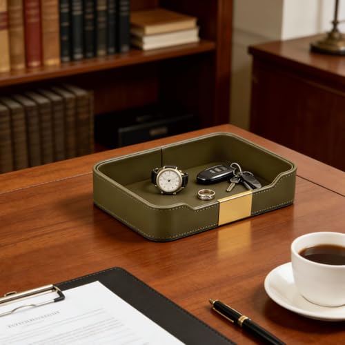 PU Leather Valet Tray Catchall Organizer for Men - Nightstand Dresser Desk Tray for Keys Wallet Watch Jewelry, Bedside Entryway Table Storage Box, EDC Accessories Holder Catch All Dish, Green - color: Green