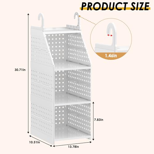 Honkazita 3-Tier Foldable Hanging Closet Organizer, Free-Standing | Closet Hanging Organizer for Wardrobe, Laundry Room, Plastic Hanging Closet Shelves for Clothes, Handbags, Accessories (White)