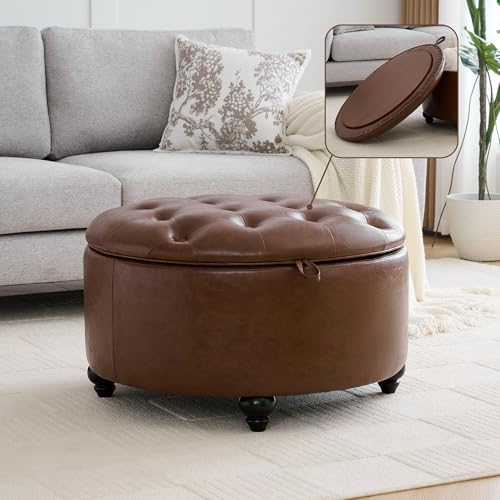 WUTUTUEE 30Inch Round Storage Ottoman with Tray, Modern Tufted Leather Circle Coffee Table with Storage, Upholstered Ottoman with Removable Top for Living Room, Bedroom, Leather Coffee - color: Leather Coffee, size: 30 Inch