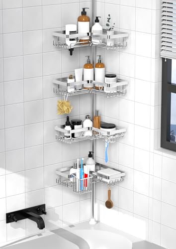 KEGII Shower Caddy Corner Tension Pole - Adjustable Corner Shower Organizer with Tooth Brush Holder, No Drilling Rustproof Bathroom Shelf Storage Rack, Fits 25-114.2 Inch, Silver - color: Silver