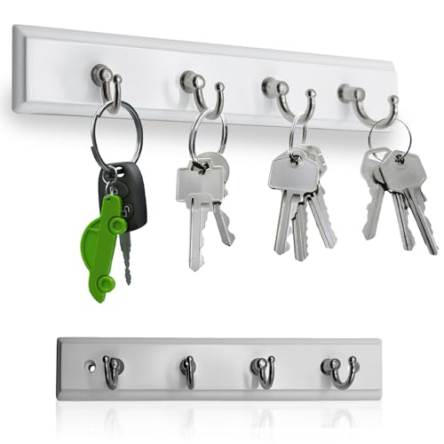Wall Mounted Key Rack Rail Hanger Key Holder Wall Mount with 4 Hooks Hanging Storage Keys Organizer Home Decor (White)