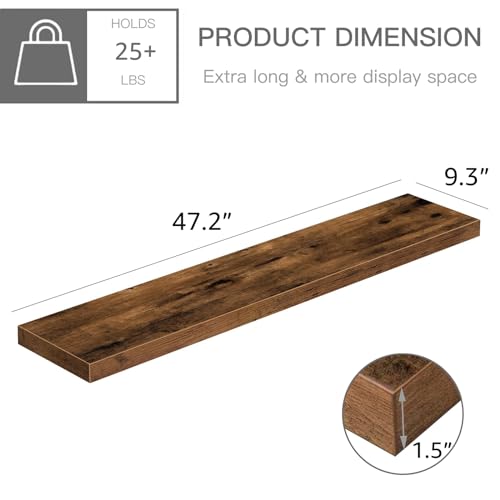 QEEIG Floating Shelves for Wall 47.2" Extra Long - Wall Shelf Bathroom Kitchen Living Room Bedroom Farmhouse Home Decor Display Bookshelf Large 47.2 x 9.3 inch Set of 2, Rustic Brown (008-120BN) - color: A. Brown, size: 47.2"