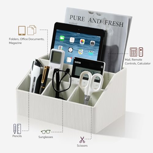 Remote Control Holder with 5 Compartments for Office Art Supplies, PU Leather Nightstand Organizer Pencil Pen Desk Caddy for Home, Desktop TV Remote Control Organizer Storage (Striped Ivory) - color: Striped Ivory