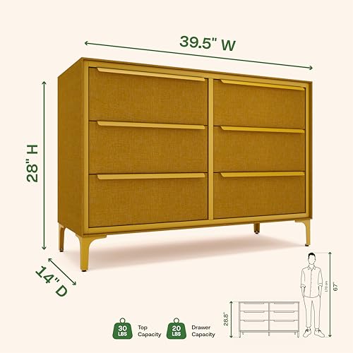 tinge Naima Premium Fabric Dresser - Strong Metal Frame, 6 Spacious Sag-Proof Drawers with Sleek Metal Handles - Premium & Durable Storage Solution for Your Home (Yellow) - color: Yellow, size: 14"D x 39.5"W x 28"H (6 Drawers)