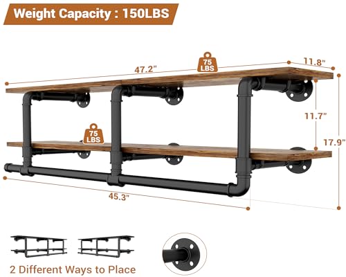 Aheaplus Industrial Pipe Clothes Rack with Top Shelf, 47In Space-Saving Wall Mounted Clothing Rack, 2 Tiers Heavy Duty Pipe Clothing Shelves with Hanging Rod for Laundry Room, Closet, Rustic Brown - color: Rustic Brown, size: 47IN