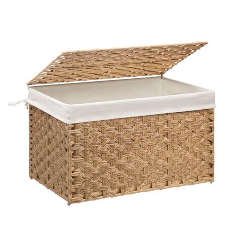Wicker Storage Basket with Lid, 27.7 Gallon (105L) Large Blanket Basket with Lid, Woven Storage Bin with Handles, Removable Liner, Metal Frame, Foldable, for Bedroom, Laundry Room, Natural - color: Natural, size: 105L:15.7 x 26 x 15.7 Inches