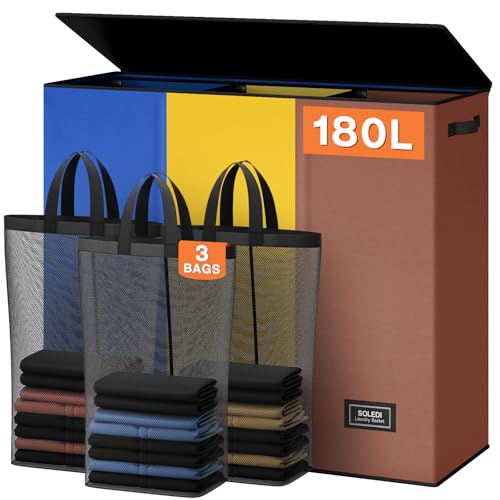 SOLEDI 180L Laundry Hamper 3 Section, Extra Large Laundry Hamper with Lid, Dirty Clothes Hamper with Sturdy Handle, Large Laundry Basket Organizer for Laundry Room, Bedroom, Hampers for Laundry - color: Blue/Yellow/Brown, size: 180L