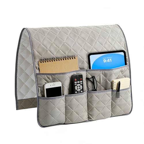 Sofa Armrest Organizer with 6 Pockets, Remote Control Holder for Recliner, Non-Slip Couch Chair Armrest Caddy Bedside Storage for Magazine Book TV Phone iPad Tablet, Grey - color: Option 1