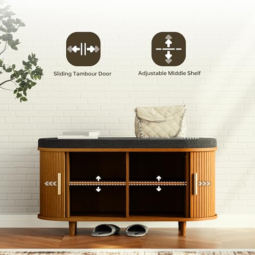 DHH 2-Tier Storage Bench,Wide Shoe Bench with Thickened Padded Seat Cushion, Mid Century Modern Fluted Sliding Door and Adjustable Shelf, for Entryway, Living Room, Bedroom (Yellow Walnut, 35.4“) - color: Yellow Walnut, size: 35.4 inch