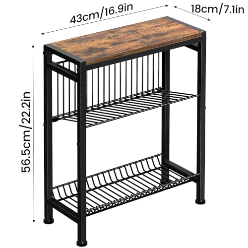 Narrow Side Table for Small Space, 3-Tier End Table with Magazine Holder,Slim Nightstand with Wire Shelf, Skinny Bedside Table in Living Room, Bedroom, Study, kitchen and Balcony (Rustic Brown) - color: Upgrade-rustic Brown