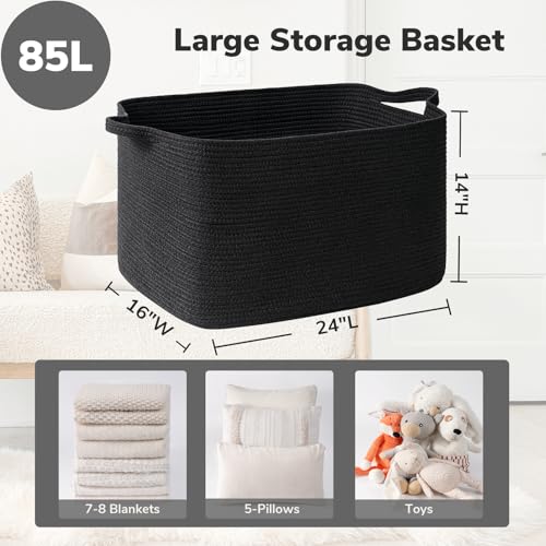 Goodpick Extra Large Storage Basket, 23.6" x 15.7" x 13.8" Rectangle Cotton Rope Basket for Blankets, Pillows, Toys, Woven Dirty Clothes Baskets for Laundry, Black - color: Black, size: X-Large(23.6"L x 15.7"W x 13.8"H)