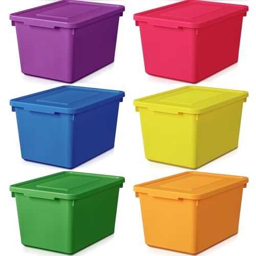 Potchen 6 Pack Cute Plastic Storage Bins with Lids Decorative Stackable Storage Boxes 9.8" ×7.3" ×5.7" Small Storing Totes for Organizing Craft Office Supplies (Colorful) - color: Colorful