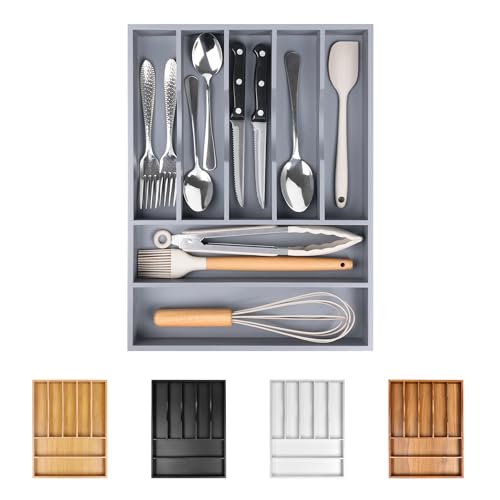 Kitchen Silverware Drawer Organizer and Storage Organizador Small De Cucharas y Tenedores Cubiertos Para Gavetas Cocina Para Gabinete Cajones Cocina Cajones Cocina Para Gabinete Hogar y Cocina Ofertas - color: Gray, size: 7 Slots