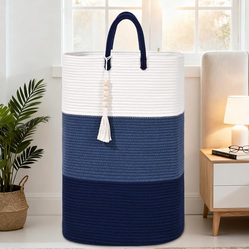 Woven Laundry Basket for Clothes,100 L Large Rectangle Laundry Hampers with Beads Tassel, Nursery Storage Basket for Toys, Tall Dirty Clothes Hamper for Bedroom Aesthetic, Laundry Room Organization - color: Gradient Blue, size: 100L