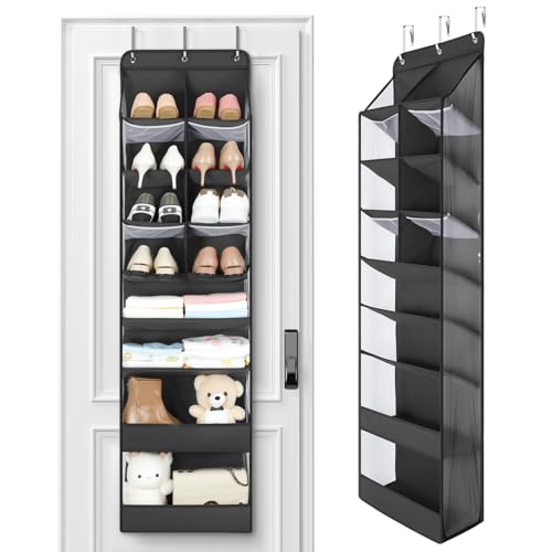 Yecaye Over the Door Shoe Organizer Hanging with Large Pockets, 8 Tier Back of Door Storage for Nursery, Closet and Bathroom, Partition Behind Door Organizers Shelf with Baby Clothes (1 Pack, Black) - color: Black