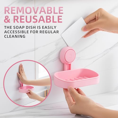 LEVERLOC Soap Dish Holder for Shower Suction Cup Wall Mounted Self Draining NO-Drilling Removable Bar Soap Sponge Holder for Bathroom Bathtub Kitchen Sink Waterproof Strong Vacuum Suction, Pink - style: 1 tier Pink