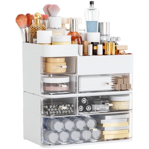 White Countertop Makeup Organizer with 6 Drawers,Large Capacity Skincare Organizers for Vanity,Desk,Dresser,Plastic Bathroom Counter Organizer for Beauty,Skin Care,Perfume,Make up Brush Organization - color: White, size: Large-6 Drawers