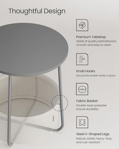VASAGLE Nightstands, Set of 2 Small Round Side Tables with Fabric Basket, Bedside End Tables, for Bedroom, Cement Gray and Cream White ULCT667G01 - color: Cement Gray + Cream White