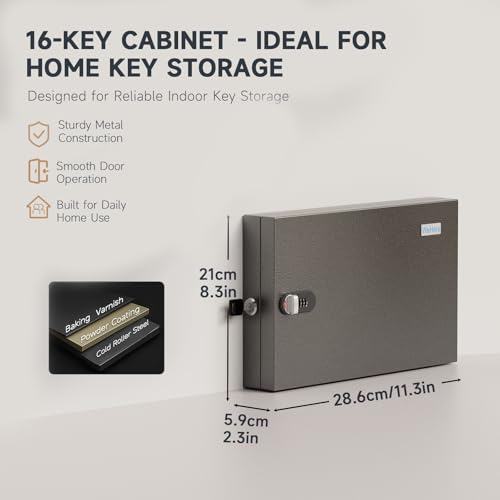 WeHere 16 Key Lock Box - Wall Mounted Key Cabinet with 3-Digit Combination Lock & Backup Key, Key Organizer Lockbox for Home, Office, Rental, Property Management, Includes Key Tags - size: 16 keys(basic)