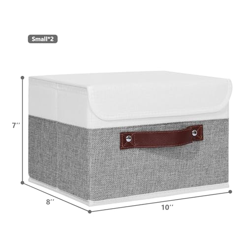 ANMINY 2PCS Storage Boxes with Lid Washable Decorative Storage Bins Basket with PU Leather Handle Foldable Linen Fabric Storage Cubes Containers for Home Closet Organizer - Gray White, Small Size - color: Gray White, size: Small (Pack of 2)