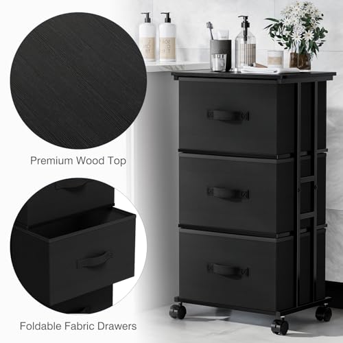 DUMOS 3 Drawers Dresser for Bedroom with Wheels, Fabric Storage Cabinet Organizer with Removable Fabric Bins, Sturdy Steel Frame for Living Room, Office, Entryway, Closets, Black - color: Black, size: 11.8"D x 16.7"W x 30.1"H (3 Drawers)