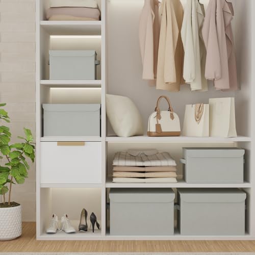 Fabric Storage Bin with Lid, Closet Boxes with Cover, Collapsible Stackable Organizer Basket with 2 Handles, for Home and Bedroom, 4 Pack, Grey, 10.2 x 7.9 x 6.7 In, XSNY12GS-4 - color: Grey, size: Small（4 Pack）