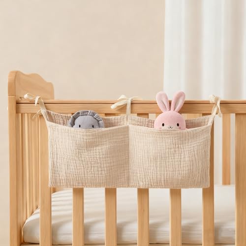 Muslin Cotton Baby Bedside Hanging Storage Bag, 2-Pocket Crib Diaper Caddy Organizer, Nursery Organization Holder for Cribs, Playard, Changing Table or Wall, Milk Bottle Bib Organizing Oatmeal