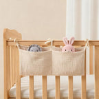 Muslin Cotton Baby Bedside Hanging Storage Bag, 2-Pocket Crib Diaper Caddy Organizer, Nursery Organization Holder for Cribs, Playard, Changing Table or Wall, Milk Bottle Bib Organizing Oatmeal