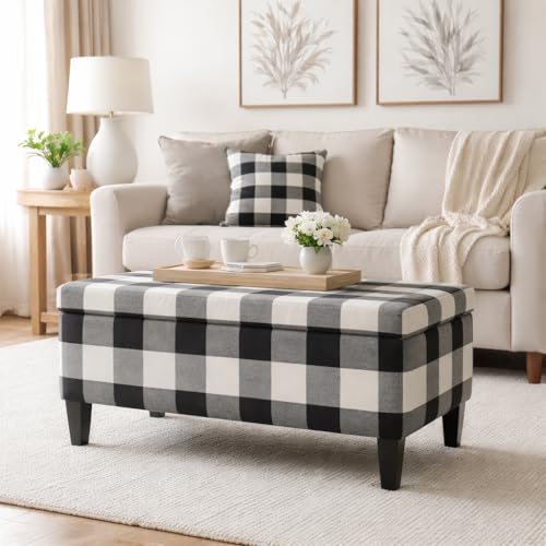 HomePop Large Upholstered Rectangular Storage Ottoman Bench with Hinged Lid, Black Buffalo Plaid - color: Black Plaid