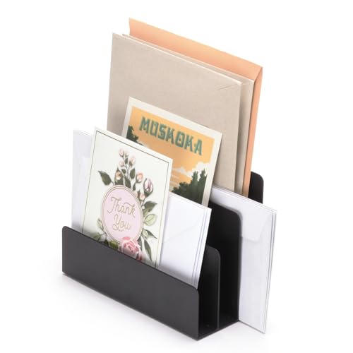 xympo Desktop Mail Organizer – 3-Slot Black Metal Letter Holder and Bill Sorter for Office and Home