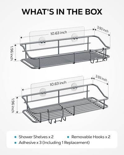 Nieifi Shower Caddy Shelf with Hooks Storage Rack Organizer Adhesive Stainless Steel Without Drilling for Bathroom, Lavatory, Washroom, Restroom, Shower, Toilet, Kitchen - 2 Pack (Gray) - color: Grey, size: 2 Pack