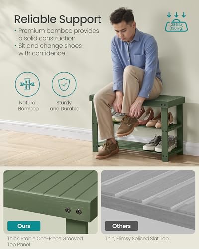 SONGMICS Shoe Rack Bench, 3-Tier Bamboo Shoe Storage Organizer, Entryway Bench, Holds Up to 286 lb, 11.3 x 27.6 x 17.8 Inches, for Entryway Bathroom Bedroom, Forest Green ULBS004C01 - color: Forest Green, size: 27.6"W