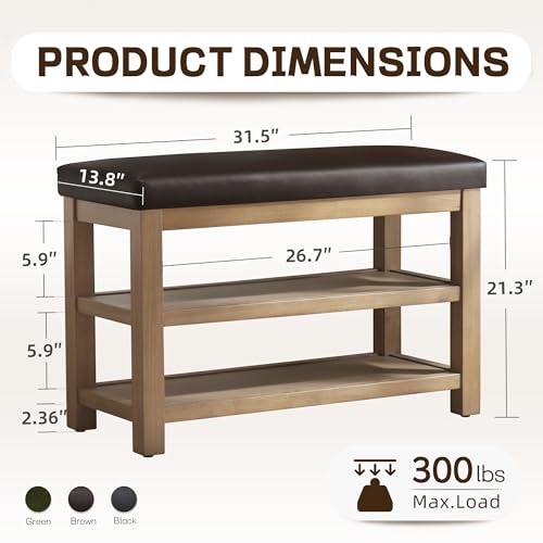 Zihanhome Shoe Rack Bench with Leather Cushion, 2 Tier Solid Wood Storage Bench, Mid-Century Modern Shoe Bench for Entryway, Hallway, Closet, Front Door Entrance, Foyer (Dark Brown, 31.5) - color: Dark Brown, size: 31.5"
