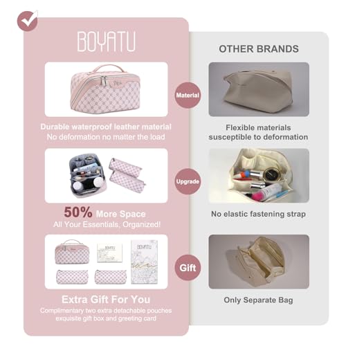 BOYATU Travel Makeup Bag Cosmetic Bags for Women: 3 Pcs Set Large Capacity Make up Bag with Handle - Vegan Leather Toiletry Bags with Compartments - Makeup Organizer for Travel Essentials(A-3-Pink) - color: A-3-Pink