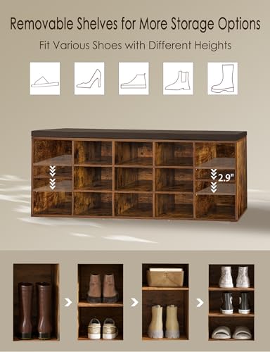 DINZI LVJ Shoe Storage Bench with Cushion, 15-Cubby Rack, Adjustable Shelves, Long Organizer Bench for Entryway, Mudroom, Hallway, Living Room, Bedroom and Garage, Rustic Brown - color: Rustic Brown, size: 15 Cubby