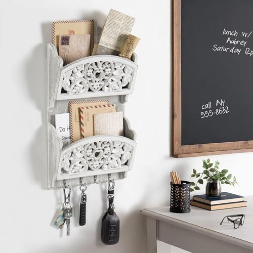 Mail Organizer with Key Holder,2-Slot Mail Holder with 4 Key Hooks for Wall Decorative, Wooden Hanging Organizer for File Letter in Shelf Home Farmhouse Decor for Entryway Office - style: Rustic