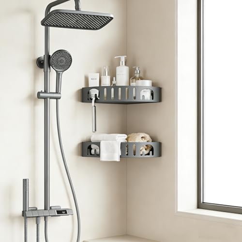 Adhesive Corner Shower Shelf No Drill | Rust-Proof Aluminum Alloy Stick On Bathroom Organizer with Shaving Holder for Shampoo, Conditioner, Soap, Razors Grey 3 Pack - color: Grey 3 Layers, size: 3 Layers