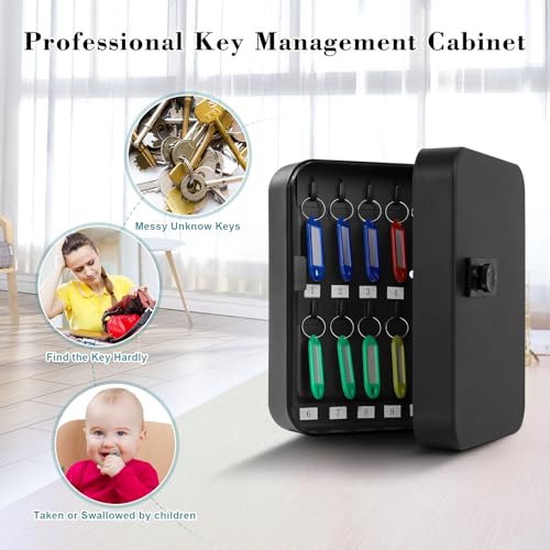 KYODOLED 20 Key Storage Lock Box with Code, Key Cabinet Organizer Wall Mount with Combination Lock, Hooks & Labels for Home, Office & Rental Properties, 7.87 x 6.3 x 3.14 in, Black - color: Black With Combination Lock