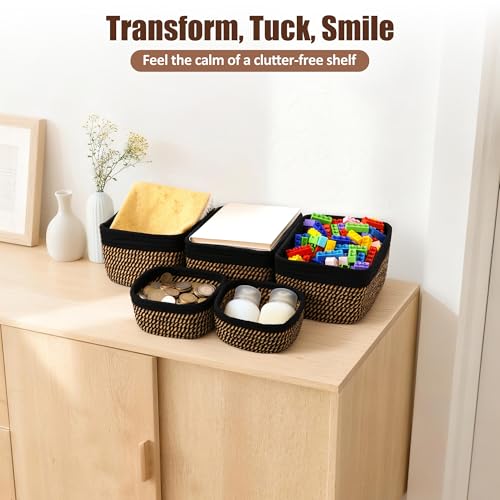 5-Pack Small Woven Rope Storage Baskets – 2 Sizes Organizer Bins for Closet, Shelf, Bookshelf, Nursery, Changing Table, Fabric Cube Boxes, Rectangular Shallow Bins for Bathroom, Toy & Home - color: Black & Gold