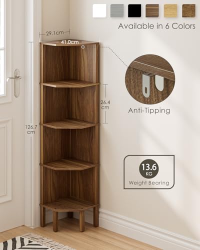 Corner Shelf, 5 Tier Corner Bookshelf, Display Corner Shelf Stand with Storage Rack, Wall Corner Bookshelf for Living Room, Bedroom, Office, Walnut - color: Walnut Without Light