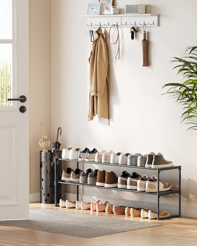 SONGMICS Shoe Rack, 2-Tier Shoe Organizer, Metal Storage Shelf, Upright or Upside Down, for 15-18 Pairs, Stackable, for Entryway, 11.8 x 46.1 x 14.6 Inches, Black ULSA032B01 - color: Black, size: 2 Tiers (46.1"W)