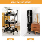 3 Tier Foldable Rolling Cart with Wheels, Folding Utility Cart Organizer, Collapsible Rolling Storage Cart with 3 Hanging Cups & 6 Hooks for Kitchen, Office, Nursery(Black) - color: Black