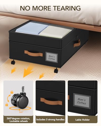 Under Bed Storage with Wheels, 10 inches Under Bed Storage Containers, 65L XXL Large Adjustable Underbed with Lids, Rolling Underbed Storage bins for Shoes, Clothes, Blankets, Black - color: Black
