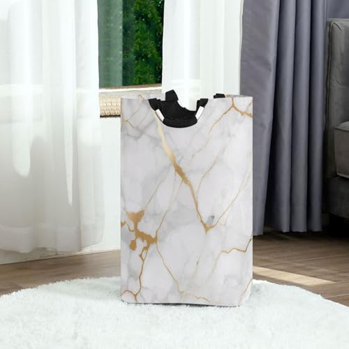 Kigai White Gold Marble Texture Laundry Basket Collapsible Laundry Hamper with Handles Clothes Organizer Foldable Waterproof Washing Bin for College Dorms, Nursery, Bathroom