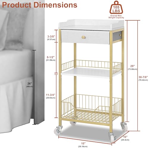 Gold & White Side Table with Storage Basket, Tall End Table with Drawer, 4-Tier Bathroom Storage Shelf with Optional Wheels, Nightstand for Dorm, Living Room, Bedroom - color: Gold With White
