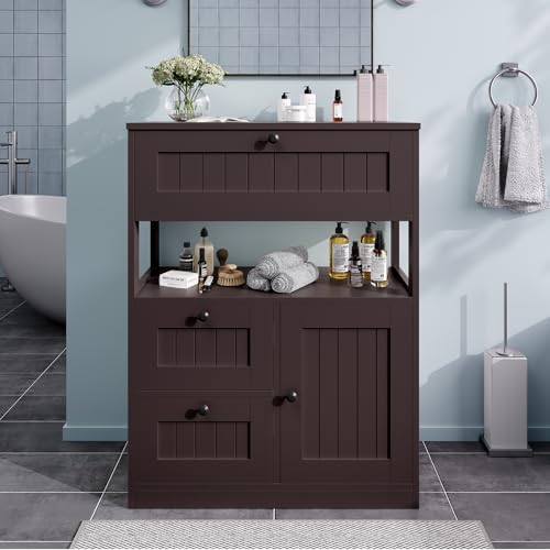 GRUSIGN Bathroom Cabinet, Modern Bathroom Floor Storage Cabinet Organizer with 1 Door and 3 Drawers, Freestanding Cupboard for Kitchen/Living Room Use - color: Brown2